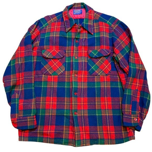 Vintage 60's Pendleton Board Shirt 100% Wool Loop Collar Red Plaid Large - Picture 1 of 8